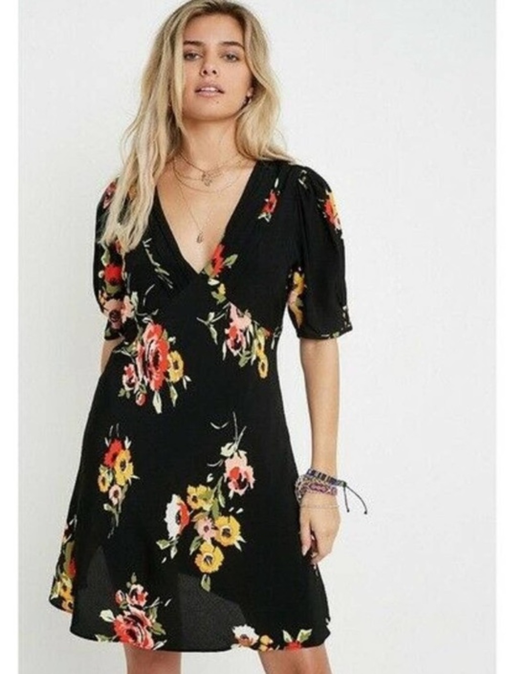 Free People Black Floral V-Neck Short Dress - Picture 3 of 8